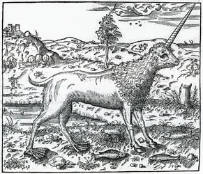 um Unicórnio de Campchurch, ilustração de "La Cosmographie universelle" de Andre Thevet, 1575
